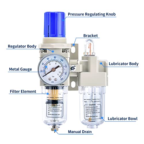 Blch 797444471748 1/4 Inch Npt Air Compressor Water Separator - Air Pressure Regulator Compressed Air Filter Regulator Lubricator Combo Ac2010-02 Manual Drain Poly Bowl Gauge 0-160 Psi 5Μm Brass thumb #5