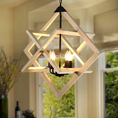 CREATE BRIGHT Wooden Farmhouse Chandelier Ceiling Pendant Light 4 Candle Holder Lights Vintage Industrial Hanging Square Ceiling Lamp Light Fixture for Bedroom Kitchen Island Living Room Foyer