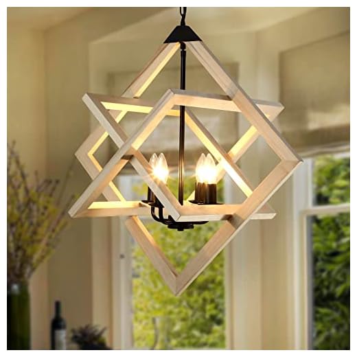 CREATE BRIGHT Wooden Farmhouse Chandelier Ceiling Pendant Light 4 Candle Holder Lights Vintage Industrial Rustic Hanging Square Ceiling Lamp Light Fixture for Bedroom Kitchen Island Living Room Foyer