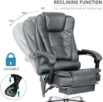 Blisswood 8 Point Massage Office Chair For Home Office,Executive Office Chair With Footrest & Lumbar Support 130° Reclining Computer Desk Chairs Adjustable Height 360° Swivel Recliner Chair (Grey)