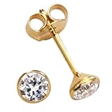  1 Gold Ohrstecker hochwertige Goldschmiedearbeit aus Deutschland (Gelbgold 585 / 14K) mit Zirkonia Stein im Brillantschliff, Durchmesser 4 mm, Gold Damen Herren Kinder Ohrstecker Ohrring