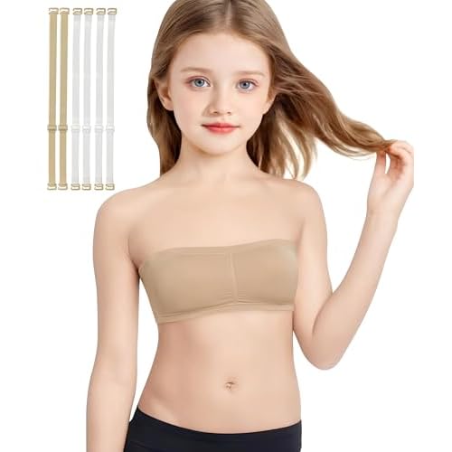MOLLDAN Girls Seamless Bandeau Bra for Teens Sports Tops Adjustable Strapless Training Bra 7-16 Years,Within Chest Pads 1pack Beige 10-13 Years