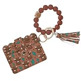 Mzoyell Cow Wallet Keychain Wristlet, Horizontal Silicone Bead Bracelet Key Ring Wallet with Wrist Strap and Card Case ID Window, PU Leather Blocking Card for Women, Girls, Teachers and Friends