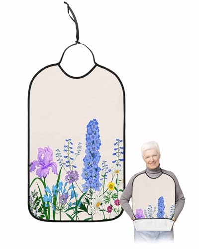 Spring Plants Adult Bib for Eating with Crumb Catcher,Country French Flowers Herbs Botanical Floral Waterproof Terry Cloth Adjustable Elderly Women Men Adult Bibs Funny Apron Clothing Protector