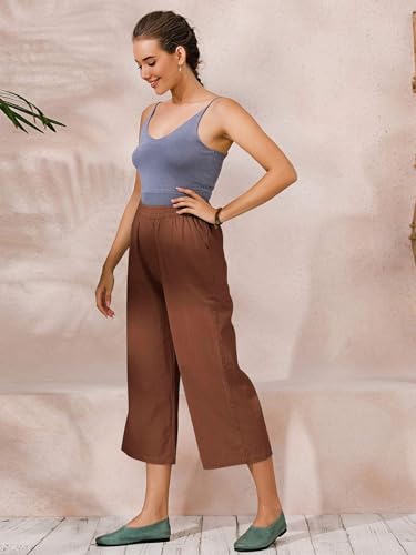 ECUPPER Womens Cotton Cropped Pants Loose Fit Wide Leg Capri Casual Plus Size Elastic Waist Trousers Brown 84