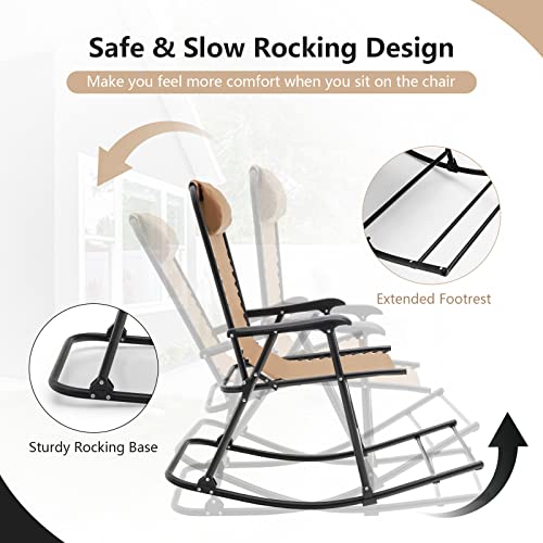 Tangkula Outdoor Folding Rocking Chair, No Assembly Required, Foldable Rocker Recliner With Headrest, Portable Lounge Chair For Camping, Patio, Lawn, Garden, Yard Or Balcony Beige #TOP5