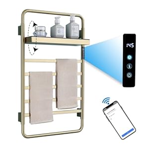 Towel Warmer Brushed Gold Smart WiFi Heated Towel Rack Voice Control with Foldable Storage Rack, Built-in Timer, 115°F—155°F, 5 Bars Towel Heater Rack 65W Hot Towel Rack IPX4 Wall Mounted