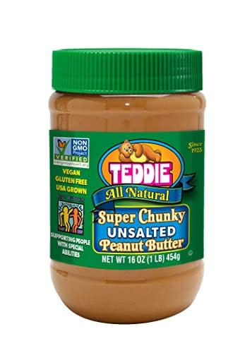 Teddie All Natural Peanut Butter, 16 Ounce 1 Pack, Gluten Free & Vegan, 16 Ounce Plastic Jar (16 Ounce (Pack of 1), Super Chunky Unsalted)