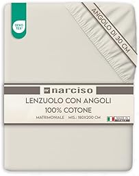 NARCISO Lenzuolo con Angoli Matrimoniale 100% Cotone (180x200 con Angolo di 30cm) Lenzuola Sotto con Angoli Matrimoniale Traspirante ed Anallergico, Biancheria da Letto Made in Italy (2P, Panna)