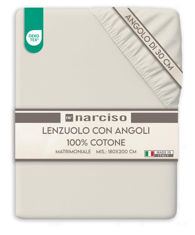 NARCISO Lenzuolo con Angoli Matrimoniale 100% Cotone (180x200 con Angolo di 30cm) Lenzuola Sotto con Angoli Matrimoniale Traspirante ed Anallergico, Biancheria da Letto Made in Italy (2P, Panna) - 1