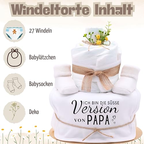 Trend Mama® | Windeltorte | Sprüche | 27 Windeln (Größe 2), Baby Lätzchen, Kuschelsocken |Geschenk Geburt (Design| Ich bin die süsse Version von Papa)