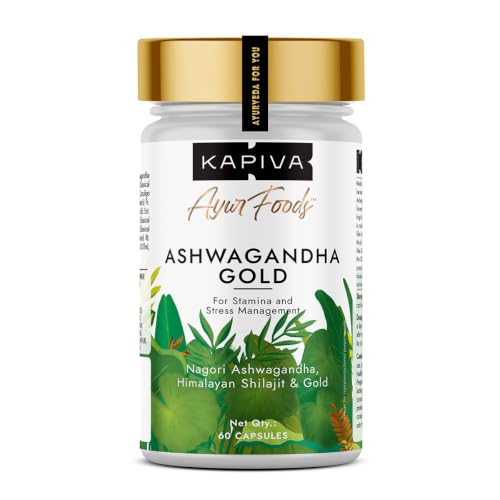 Kapiva Ashwagandha Gold Capsules 183rd day harvested Potent Nagori Ashwagandha With Gold Shilajit | Helps in Stress Management Improve Energy and Stamina | For Men & Women (60 Capsules)
