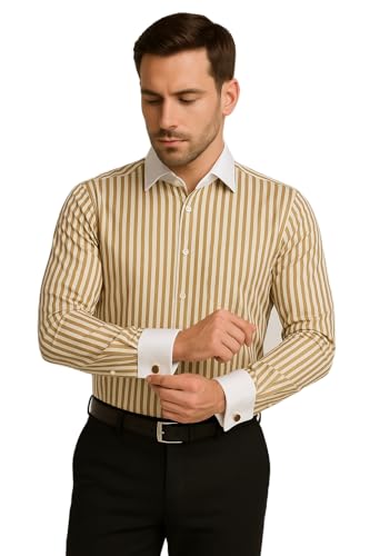 Image of Men's Premium Cotton Formal Dress Shirt - White Collar & French Cuffs with Cufflinks | Solid White, Micro Check & Striped for Office, Wedding