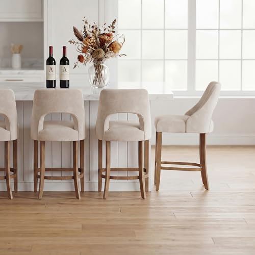 Image of UVV Bar Stools Set of 3, Upholstered Counter Height Bar Stools, Modern Counter Stools with Wood Legs for Kitchen Island Dining Room Bar, Beige