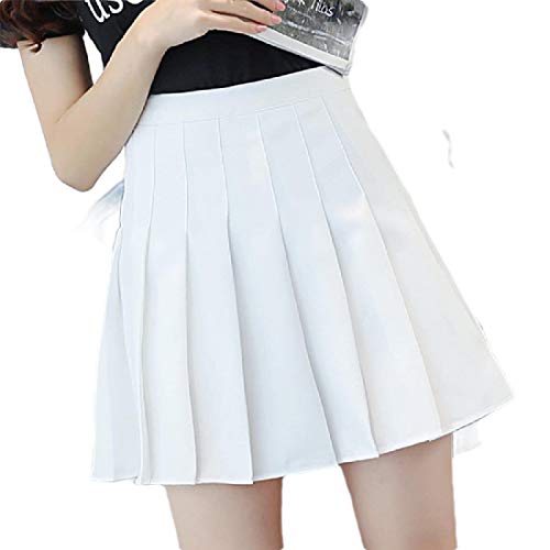 Saia curta plissada feminina HEFASDM evasê com cor sólida flare verão, Branco, Small