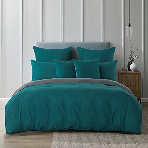 RUIKASI Double Size Duvet Cover Set - Reversible Non Iron Bedding Set Double Bed Quilt Cover with Pillow Case, Dark Green & Dark Grey Cover
