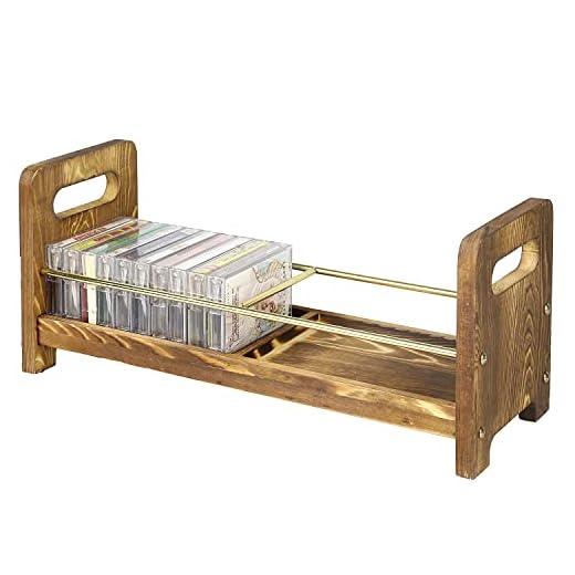 MyGift Burnt Wood Cassette Tape Storage Rack with Brass Metal Wire Frame, Nostalgic Retro Cassette Case 20 Capacity Holder