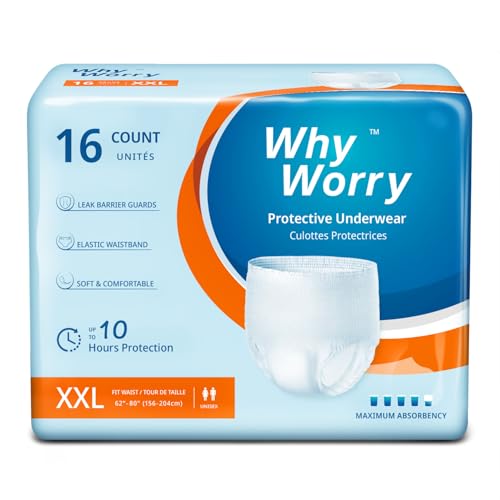 WhyWorry Pañales para Adultos con Incontinencia, Bragas Absorbentes Desechables para Hombres y Mujeres, Ropa Interior con Máxima Absorción para Ancianos, Antiolor, Unisex, Talla XXL, 16 Unidades