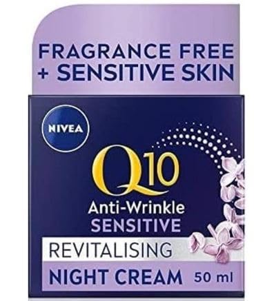 Image of NIVEA Q10 Night Cream Sensitive 50 ml (1.69 fl oz), Fragrance-Free Face Cream with Coenzyme Q10, Nighttime Facial Care for Sensitive Skin, Dermatologically Tested Daily Use Cream
