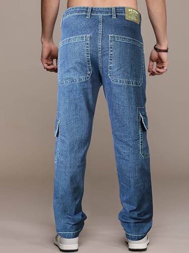 Image of RIG BONE Men's Relaxed Fit Cargo Jeans with Functional Pockets Comfortable High Rise Design Durable Denim Mid Wash Ideal for Casual Wear Travel Outdoor and Urban Adventures