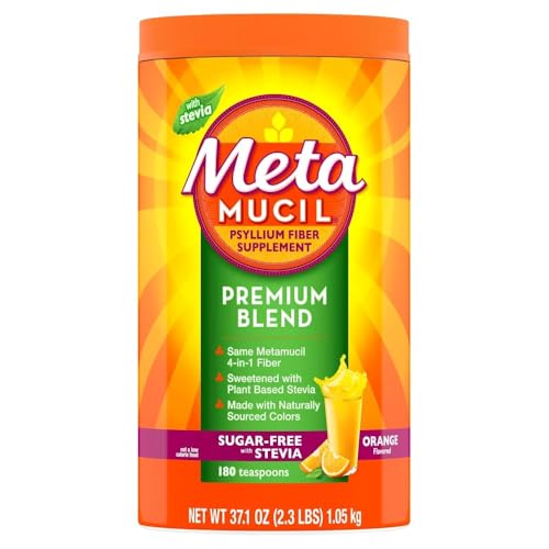 Metamucil Premium Blend 4-in-1 Fiber Supplement for Digestive Health Psyllium Husk Fiber Powder Sugar-Free with Stevia Plant-Based Fiber Supplement Orange Flavored 180 teaspoons