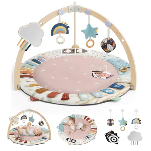 Image of Blissful Diary Baby Play Gym & Activity Mat, 5 Developmental Zones Wooden Tummy Time Mat with 6 Detachable Sensory Toys for Motor Skills & Sensory Development, Baby Essentials Shower Gift, Pink