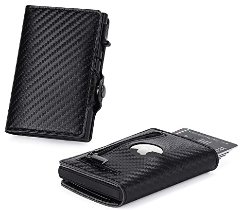 Image of TNE Airtag Wallet Genuine Leather Credit Card Money Holder for Men | RFID Blocking | Automatic Popup Mini Aluminum Bifold Slim Zipper Coin Pocket Airtag Case Mens Wallets Air Tag Cover, Carbon Fiber,