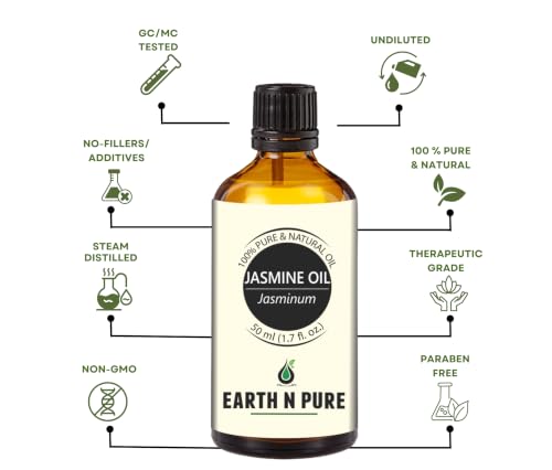 Image of Earth N Pure Jasmine Essential Oil | 100% Pure, Natural & Undiluted | Steam Distilled | Relaxation, Radiant Skin & Nourished Hair | 50ml