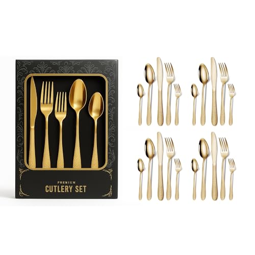 Image of aDai Premium 20 Piece Stainless Steel Cutlery Set | Elegant Hammered Handle Flatware | Includes Spoon Fork Knife Teaspoon | Durable Rust Resistant | Perfect for Gifting (Gold)