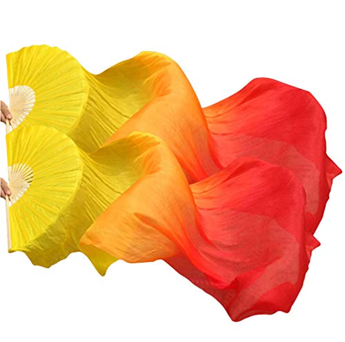 KIKIGOAL 1 Pair(Left+Right) Women Real Silk Belly Dance Fan Veil Length 180cm Width 90cm (gradual yellow)
