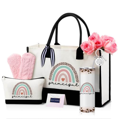 Geiserailie 8 Pcs Principal Gifts Set for Women School Principal Appreciation Gifts Including Large Tote Bag Cosmetic Bags Tumbler Cup Plush Socks Metal Keychain for Birthday Retirement