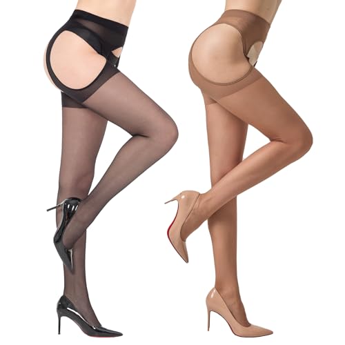 MANZI Suspender Pantyhose for Women 30D Sheer Garter Belt Tights Thigh High Stockings