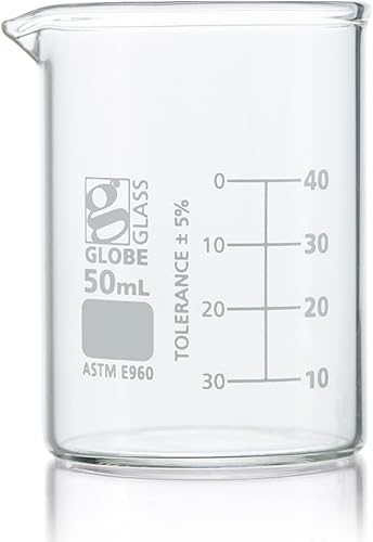 Globe Scientific Beaker, Globe Glass, 50mL, Low Form Griffin Style, Dual Graduat