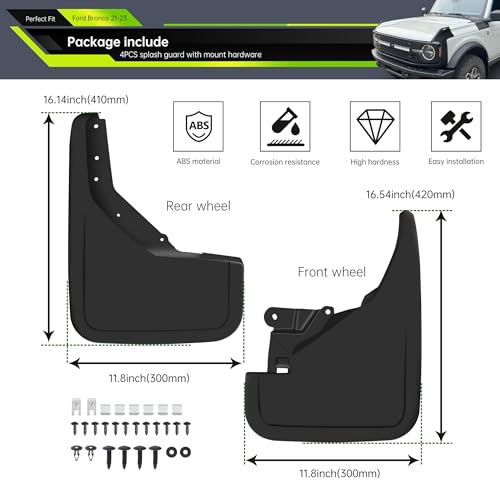 Image of Mud Flaps Compatible with Ford Bronco 2021-2023 2 /4 Door, Front Rear Tire Mud Guards Fender Flares,Wheel Splash Guard Function Upgrade Accessories, Black 4PCS (Not fit Bronco Sport,Sasquatch badlands)