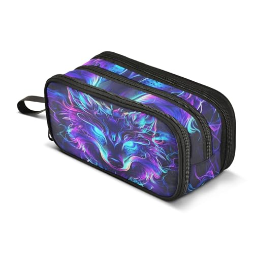 Image of Mystical Wolf Face Pencil Case Box Boys Girls Large Pencil Pouch Zipper Compartments Big Capacity Stationery Pen Bag Organizer for Kids Teens Adults School Office