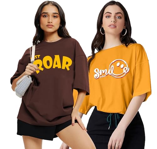 Image of LEOTUDE Cottonblend Oversized Half Sleeve Colorful Printed Combo T-Shirts for Women (Pack of 2)