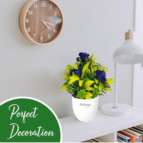 Image of Artificial Flower Plants for Home Decor - Set of 2 Mini Potted Plants (7 Inch) in White Pots | Yellow & Blue Faux Flowers for Living Room, Office, Indoor Outdoor Decoration