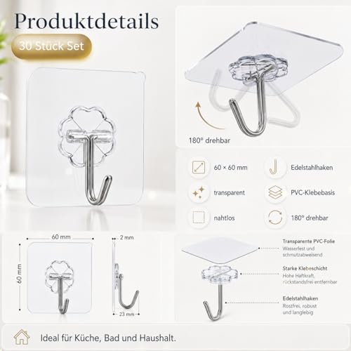 EOSWRU Klebehaken Transparent, 30 Stück Klebehaken Extra Stark, Selbstklebend Haken ohne Bohren, bis zu 10 kg, wasserdicht & ölfest… – Ansicht 4