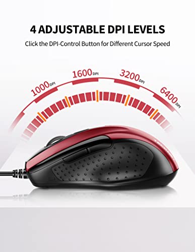Image of TECKNET USB Wired Mouse, 6-Button Corded Computer Mouse with 4 Adjustable DPI, Optical Computer Mice with Ergonomic Design and 5FT Cord for Laptop, Chromebook, PC, Desktop, Mac, Notebook - Dard Red