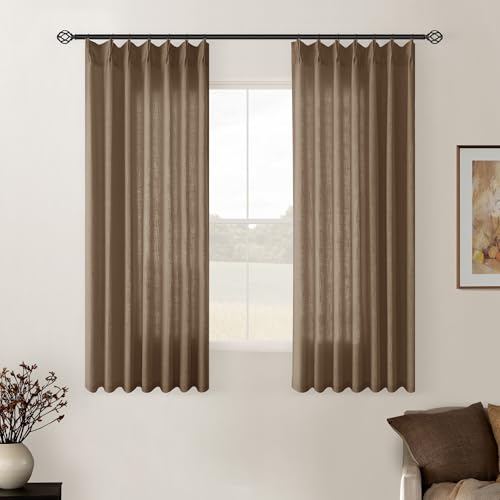 Image of Dutch Cocoa Pinch Pleated Short Linen Curtains 45 Inch Length 2 Panels for Living Room Bedroom Memory Trained Semi Sheer Pleat Drapes with Hooks Rings Light Filtering Kitchen Window Curtain 40x45