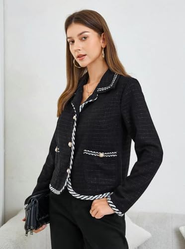 Women's Contrast Trim Coat Jewel Buttons Shirt Collar Long Sleeve Cardigan Stitch Jacket Tweed Jacket with Pocket3