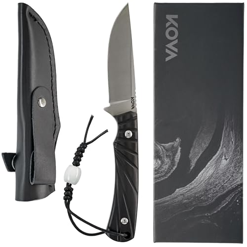 KOVA Personalized Nomad Fixed Blade Knife – Stainless Steel Drop Point Satin, Full Tang, Textured G10 Handle, Leather Sheath – Survival Hunting EDC Gift-Ready Custom Engraving – 7.25