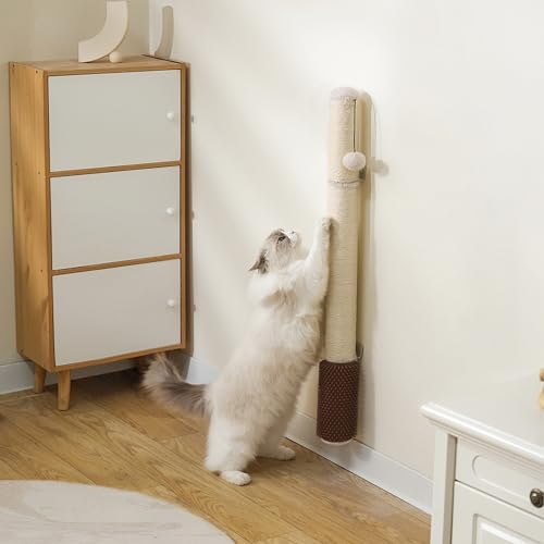 34" Extra-Tall Wall Mounted Cat Scratcher – Vertical Sisal Rope Scratching Post for Large Cats, Space-Saving Cat Wall Climber with Self-Grooming Brush & Hanging Ball, Modern Beige