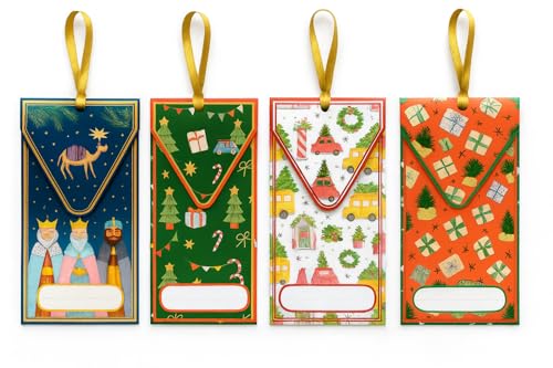 ARGUVAL ® - Billeteros navideños para regalar dinero efectivo de forma original y decorativa | Pack de 8 sobres con cinta dorada para colgar en árbol de Navidad | 4 Diseños diferentes y doble unidad.
