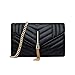 Genuine Leather Clutch Crossbody Bag Quilted Evening Bag for Women Fashion Shoulder Clutch Handbag with Chain - Black Tassels