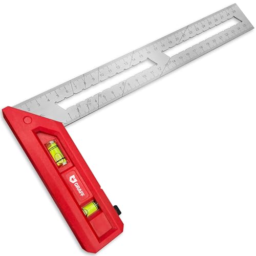 Zimmermannswinkel 300mm - Anschlagwinkel mit Doppel-Wasserwaage für ultimative Vielseitigkeit – Präziser 90°/45° 2-K Schreinerwinkel mit Kunststoff-Griff und Edelstahl-Lineal GRAFF