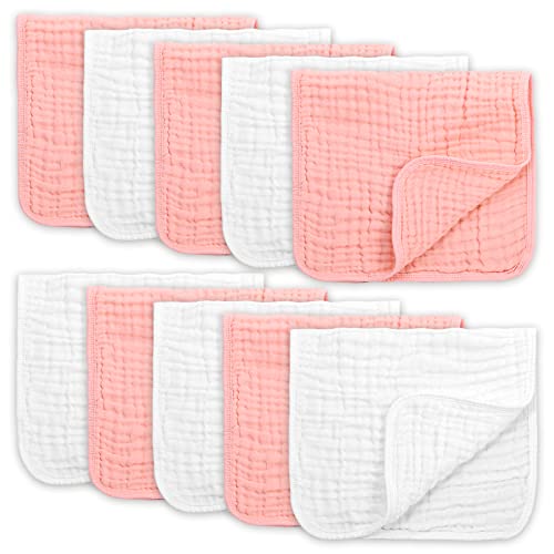 Image of FOOK FISH Muslin Burp Cloths for Baby 10 Pack Cotton Burping Rags Hand Washcloths for Baby Ultra Soft and Absorbent Infant Spit Up Rags for Girls Large 20'' X 10'' White & Peachy Pink