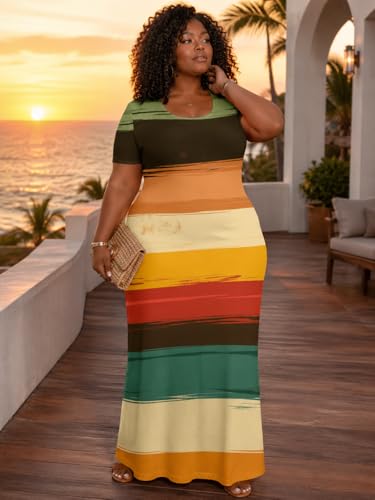 Image of SUZONANA Plus Size Maxi Dress for Curvy Women Summer Casual Sundress Short Sleeve Loose Vacation Dress