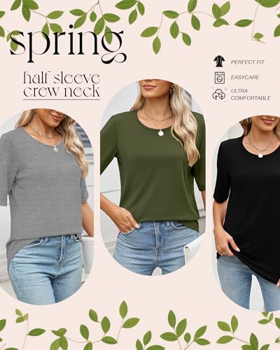 Huukeay 3 Pcs Womens Half Sleeve Top Elbow Length T Shirt Women Round Neck Basic T Shirt Summer Casual Blouses