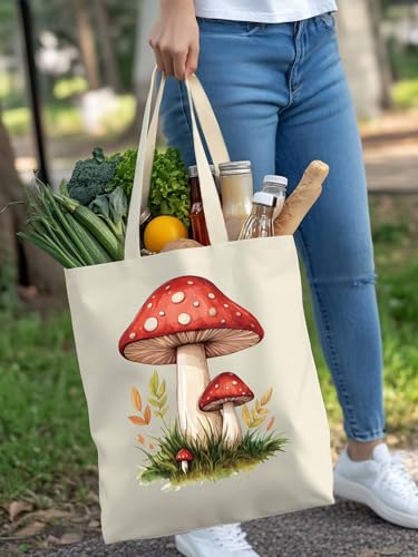Canvas Tote Bags,Grocery Shopping Cloth Bag Wild Mushroom Reusable Shoulder Bags Tote Bag for Travel Work Gym4
